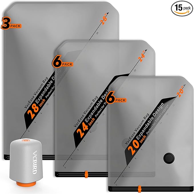 Rechargeable Wireless Pump Travel Storage Bags Set - Portable Space Saver Bags for Travel & Home - Vacuum Compression Packing Seal for Clothes, Blankets, Seasonal Storage 15 Combo Set