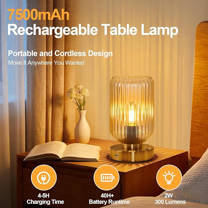 LightRound Table Lamp for Bedroom, Cordless Small Bedside Lamp, Touch Dimmable Rechargeable Lamp Battery Operated with Amber Glass Shades for Night Stands, Living Room, Desk, Bulb Included