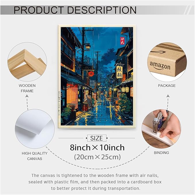 Japanese Tokyo Tea House Framed Canvas Wall Art Japanese City Street Cafe Scene Picture Print Modern Ukiyo-e Decor Poster for Japanese Home Bedroom Decorations Artwork8x10in