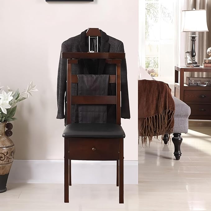 Wooden Valet Chair With Drawer Contour Hanger Mens Suit Valet Stand Clothes Butler Freestanding Clothes Rack For Men Women For Living Room Entryway Office