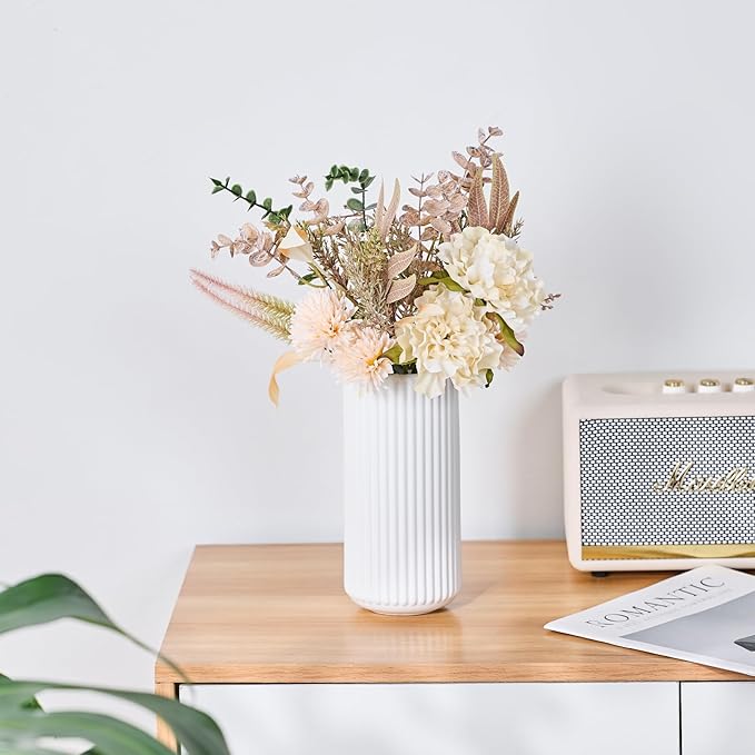 White Ceramic Flower Vase for Pampas Grass, 6 inch Small Decorative Centerpiece Ribbed Vase for Dining Table, Office Desktop, Shelf Bookshelf, Mantel, Bathroom, Countertop, Farmhouse, Gift