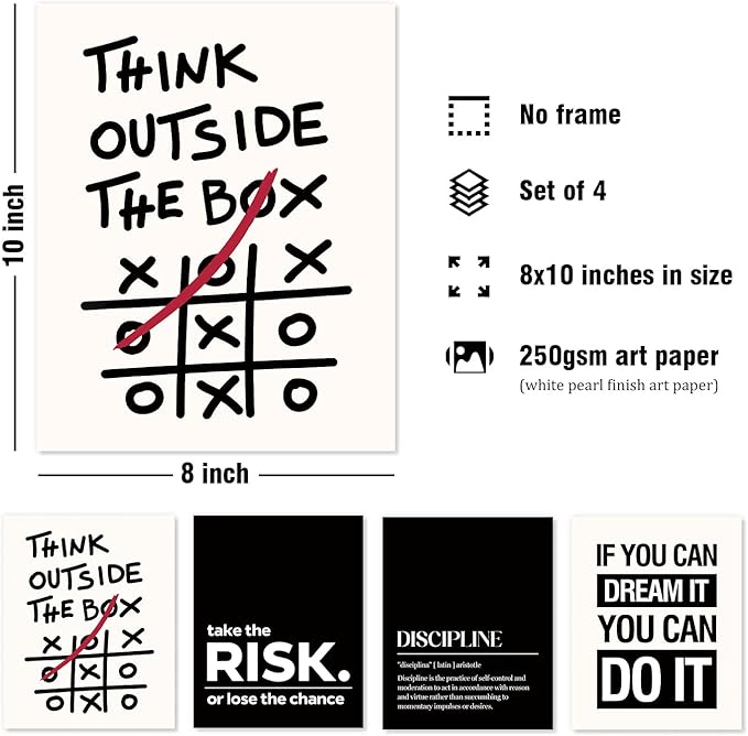 DSHFG Motivational Office Inspirational Wall Art Prints Set of 4, Think Outside the Box Motivational Balck Wall Art Posters for Office Home Decor, 8x10 Unframed