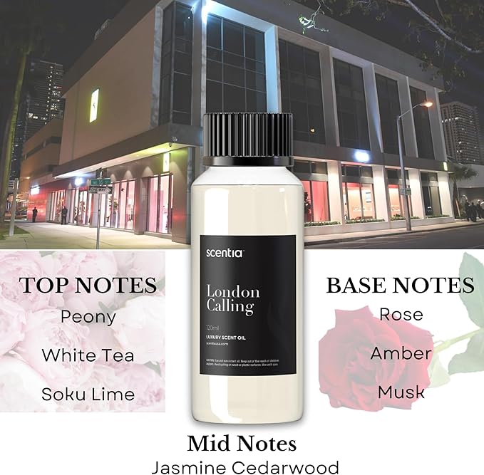 Scentia Hotel Diffuser Oil Inspired by Ferrari - 120 ml 4.06 fl oz - Fragrance Oil Blend White Tea, Cedarwood & Soku Lime for Aromatherapy Diffusers and Humidifiers - London Calling, Thanksgiving Gift