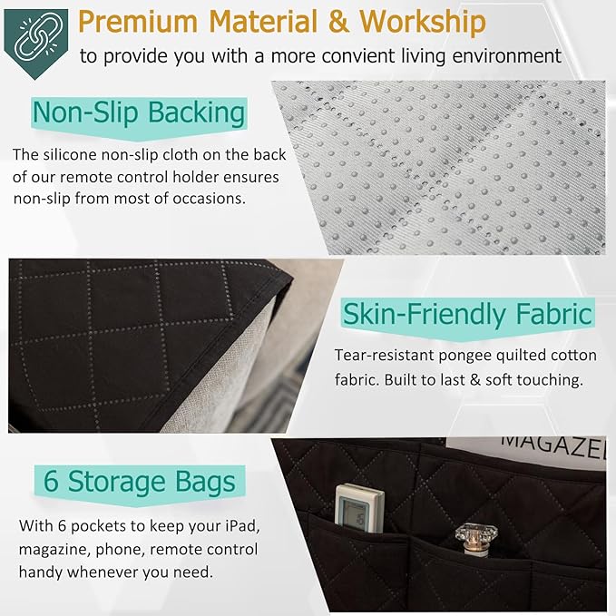 Remote Control Holder for Recliner Armchair Caddy Couch Armrest Organizer, Non-Slip Arm Chair Bedside Caddy Storage Organizer for Recliner Couch With 6 Pockets for Magazine, Phone, iPad (Black)