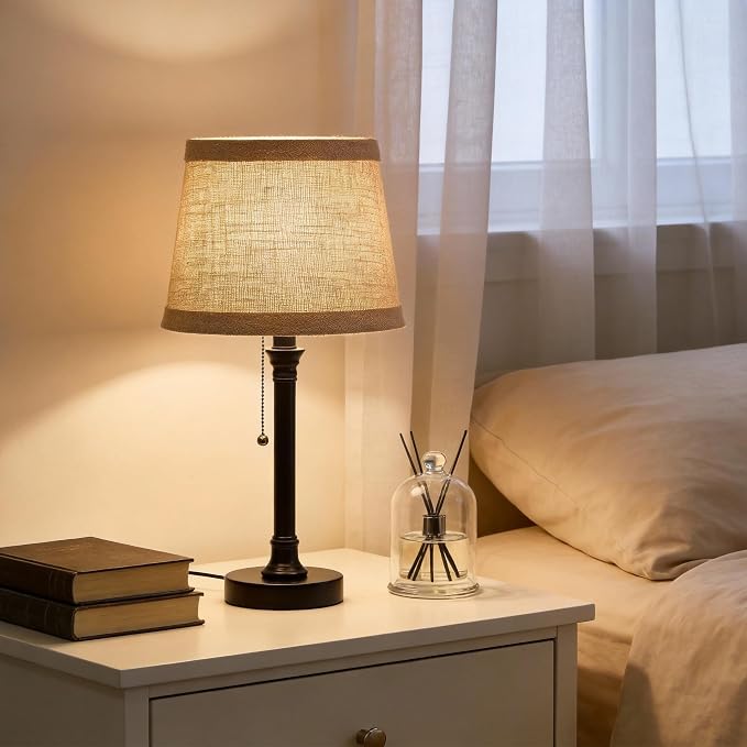 Oneach 19.5" Small Table Lamp for Bedroom - Bedside Lamps for Nightstand, Black Table Lamp for Living Room with Fabric Shade, Desk Reading Lamp for Kids Room Living Room Office Dorm