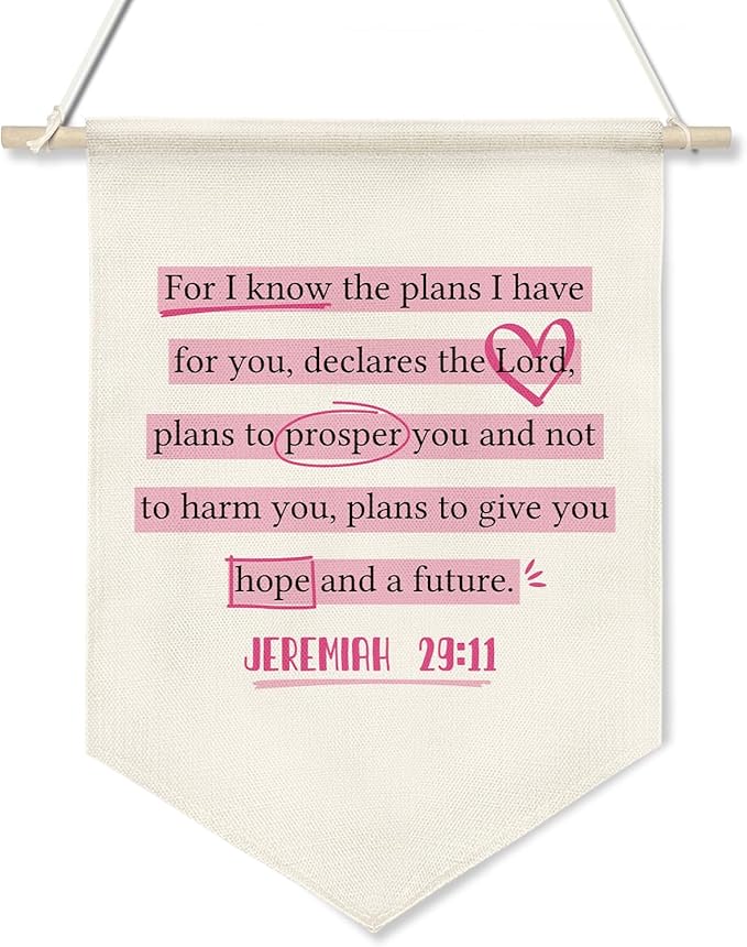 Christian Banner Decor,Inspirational Bible Verse Canvas Flag Banner,Positive Christ Wall Art Poster for Playroom Nursery,Kids Room Decor 11x16 Inch(KD15)