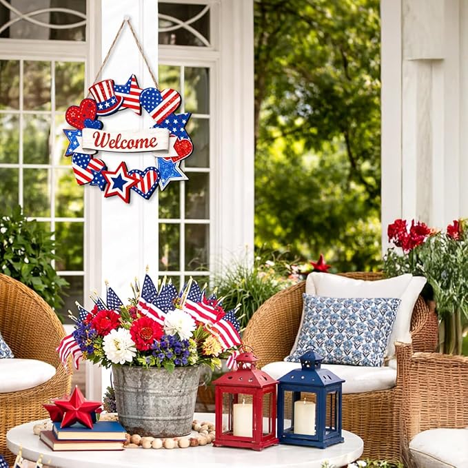 Wooden 4th of July Decorations Patriotic Wreaths for Front Door Independence Day Decorations Star Sign Welcome Memorial Day Hanging for Home Wall Decor Outdoor Indoor Red White and Blue Wreath