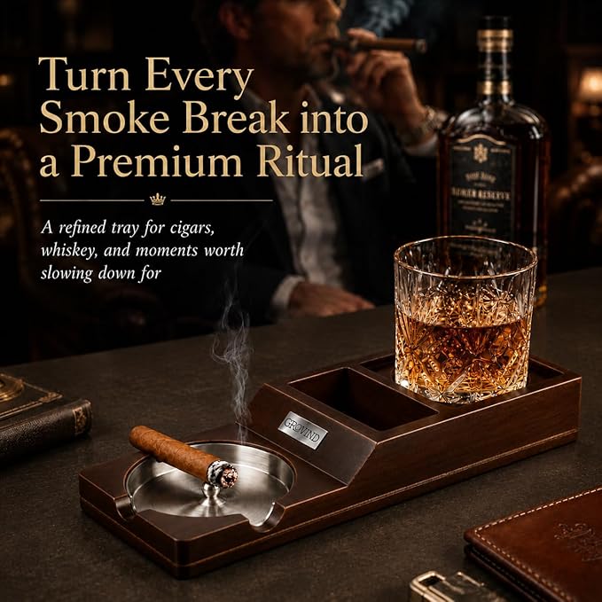 Cigar Ashtray,Wooden Ashtrays with Whiskey Glass Tray -Cigarette Holder,Cigar Accessories Set,cigar Gifts for Men Father's Day,Outdoor Ashtrays for Patio,Ash Trays Indoor Home Decor