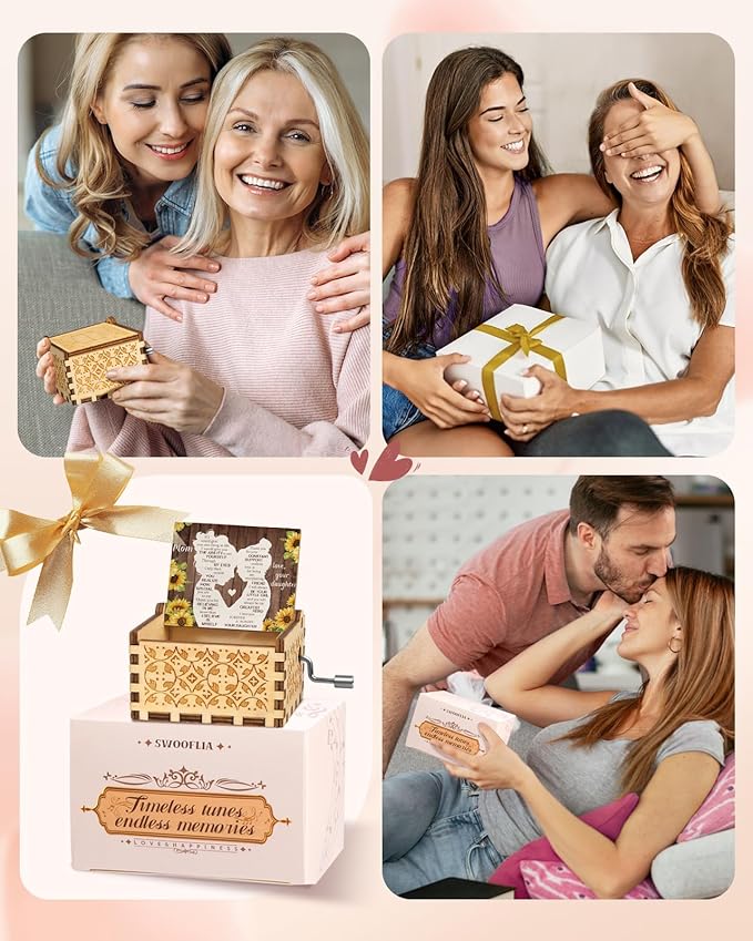 Swooflia Mother's Day Wooden Music Box for Mom with Sunflower Greeting Card - Hand Crank Engraved Musical Box Vintage Mechanism Personalized Gifts for Women Grandma On Birthday