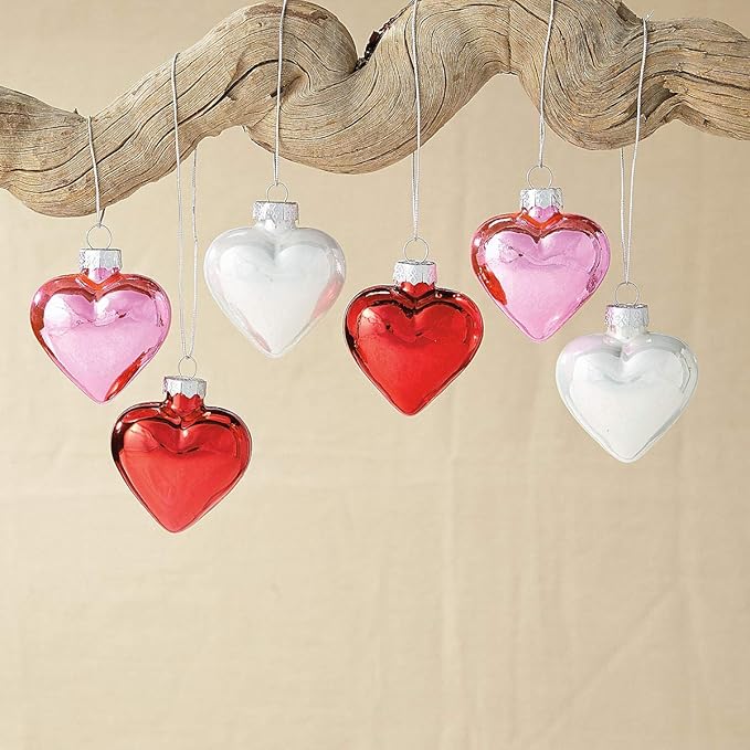 Lillian Vernon Shiny Glass Hearts Valentines Ornaments - 12 Piece Set, Blown Glass, Handcrafted Hanging Tree Decorations, Valentine's Day Holiday & Party Decor, 2" Tall Heart, Red, White & Pink