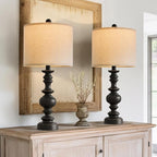 BOBOMOMO 24" Traditional Farmhouse Table Lamp Set of 2, Vintage Resin Lamps for Living Room Bedroom, Rustic Nightstand Lamp with Linen Shades, Retro Black Table Lamps for Living Room, Bedroom, Office
