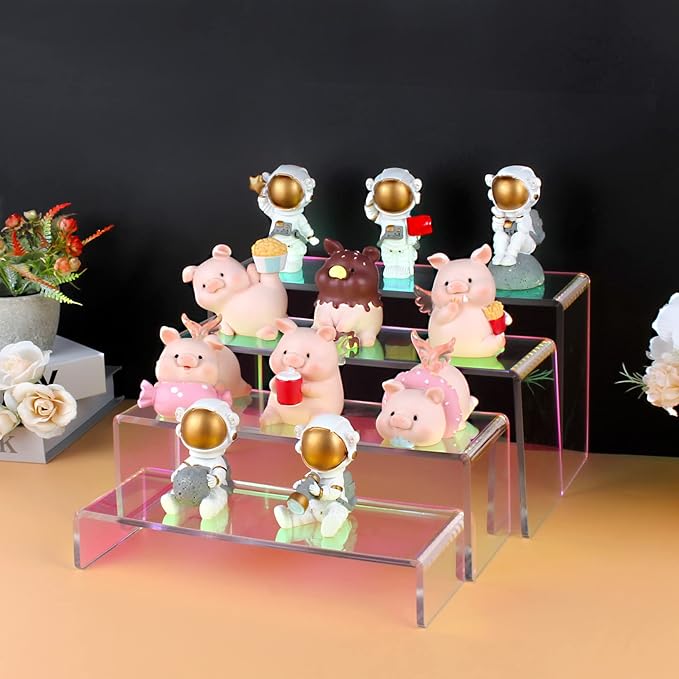 ELEGANTLIFE Acrylic Display Risers Set of 4, 4-Level Tiered Display Stands for Cupcakes, Small Figures & Jewelry, Compact Countertop Display Shelf, Multiple Colors Available (Iridescent)