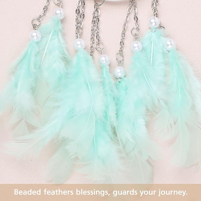 Pretty Jolly Crystal Stone Small Dream Catchers Mint Green Feathers Mini Dreamcatchers with Beads for Cars Rear View Mirror Hanging Decoration Good Luck Travel Charm Bedroom Ornaments for Women Girls