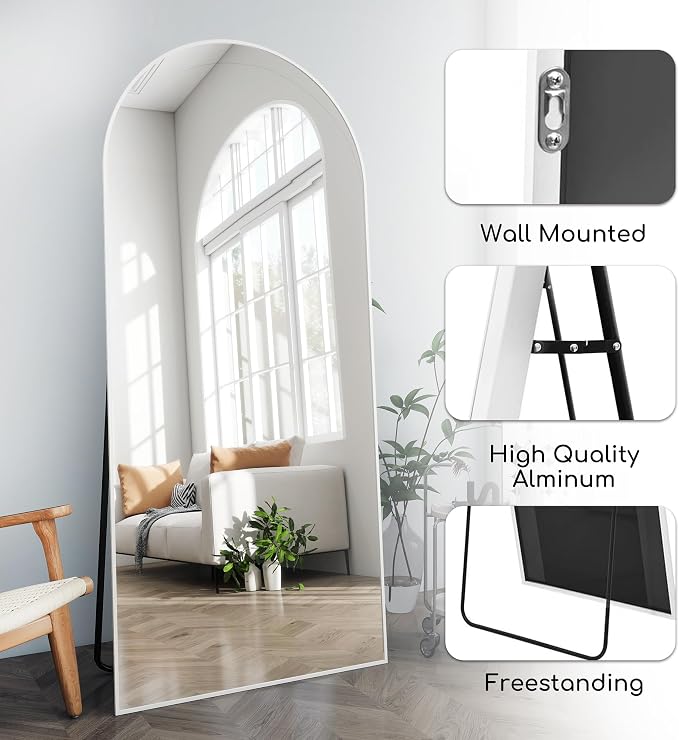 Prywot Full Length Mirror, 71"x30" Arched-Top Floor Mirrors, Modern Full Body Mirrors with Stand, Wall Mirror with Aluminum Alloy Frame for Bedroom,Living Room, White
