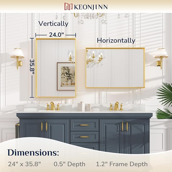 Keonjinn 24 x 36 Inch Brushed Gold Bathroom Mirror Gold Wall Mounted Vanity Mirror Metal Framed Rectangular Mirror for Bathroom Gold Rectangle Mirror with Aluminum Alloy Frame(Horizontal/Vertical)