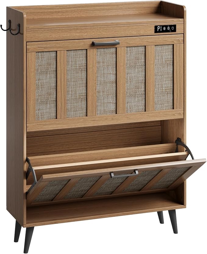 ChooChoo Shoe Storage Cabinet with 2 Flip Drawers, Deodorizing Shoe Organizer Storage for Entryway, Freestanding Hidden Slim Narrow Shoe Rack Cabinet, Rustic Oak