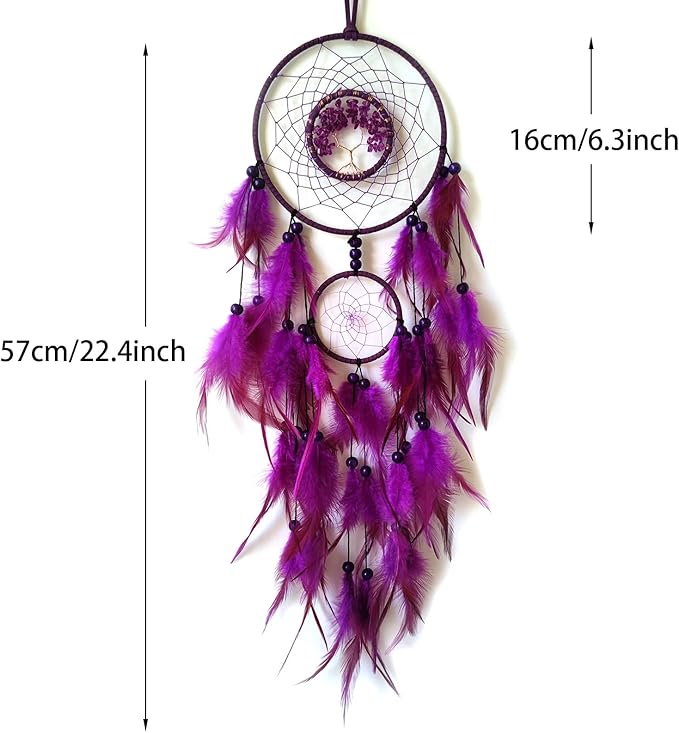 Purple Dream Catcher Wall Decor Crystal Tree of Life Dream Catchers Handmade Feather Dreamcatcher Wall Hanging Ornament for Bedroom Living Room Home Decor