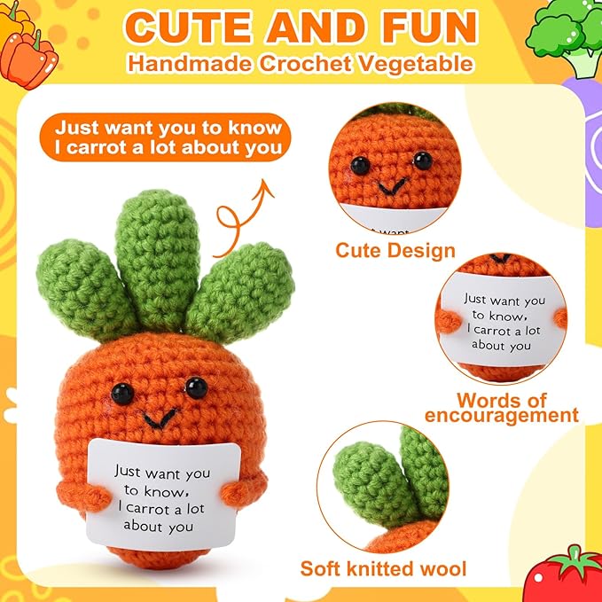HunnmingRe 12 Pcs Cute Crochet Doll with Positive Card Soft Wool Animals Creative Knitting Dolls for Positive Support Inspirational Birthday Encouragement Gift(Vegetable Style)