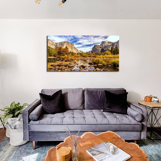 Yosemite National Park Wall Art Nature Landscape Valley Mountain Large Canvas Prints Pictures Autumn Forest Poster Trees Painting River Artwork for Living Room Office Kitchen Home Decoration 24x48”