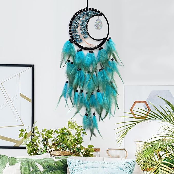 Blue Dream Catcher Wall Decor Tree of Life Dream Catchers with Crystal Pendant Handmade Feather Dreamcatcher Wall Hanging Ornament for Bedroom Living Room Home Decor
