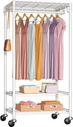 FUTASSI P6 Medium Rolling Clothes Rack Heavy Duty, Clothing Racks for Hanging Clothes, Freestanding Garment Rack with Wheels, Portable Closet Rack Max Load 370 LBS, 30''W x 14''D x 77.6''H, White