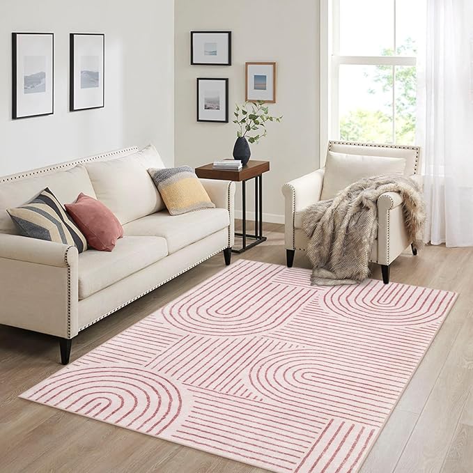 Lahome Abstract Washable Rugs, 4x6 Pink Rug for Bedroom Nursery Soft Non Slip Modern Living Room Rug, Ultra-Thin Non-Shedding Throw Carpet for Entryway Kitchen Office(4'x6',Pink)