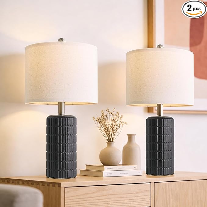 PoKat Small Table Lamps Set of 2 for Bedroom, 20.75'' Matte-Textured Farmhouse Ceramic Bedside Lamps for Night Stands, Stone-Like Modern Lamps for Living Room End Table Hallway Entryway Decor Black