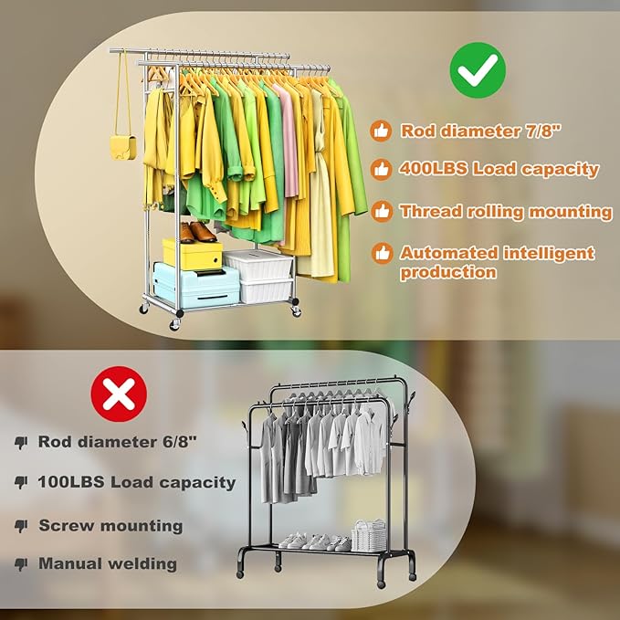 100% Stainless Steel Double Rods Clothes Rack, Heavy Duty Clothing Rack for Hanging Clothes with Sturdy Wheels & Shelves, Portable Rolling Garment Rack for Wardrobe Bedroom Laundry Living Room