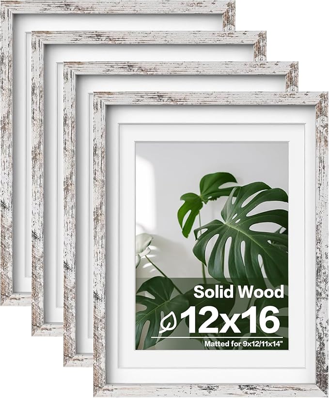 Egofine 12x16 Picture Frames Set of 4, Made of Solid Wood Covered by Plexiglass 9x12 and 11x14 with Mat or 12x16 without Mat, for Wall Mounting Photo Frame Rustic White