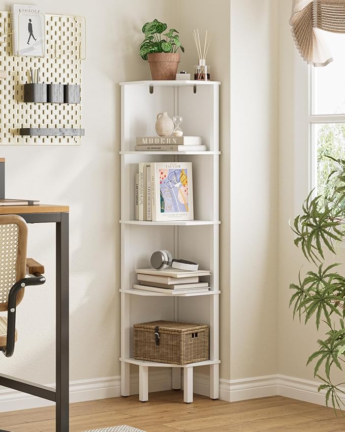 Corner Shelf, 5 Tier Corner Bookshelf, Display Corner Shelf Stand with Storage Rack, Wall Corner Bookshelf for Living Room, Bedroom, Office, White