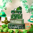 Lineshading 4 Pcs St. Patrick's Day Table Decoration Wooden Shamrocks Truck St Patrick's Day Tiered Tray Decor Irish Table Centerpiece for Saint Patty's Party Farmhouse Home Kitchen Decor