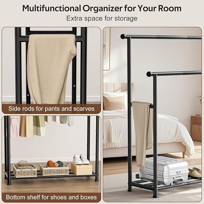 MISSLO Double Rods Garment Rack Heavy Duty Clothing Rack for Hanging Clothes Portable Clothes Organizer for Bedroom, Living Room, Clothing Store (Matte Black)