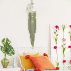 ANROYE Boho Macrame Woven Wall Hanging, Crochet Crescent Moon Star Dream Catcher with Long Tassel- Green Cotton Handmade Bohemian Home Decor Nursery Decoration Art for Kids Bedroom Dorm Room