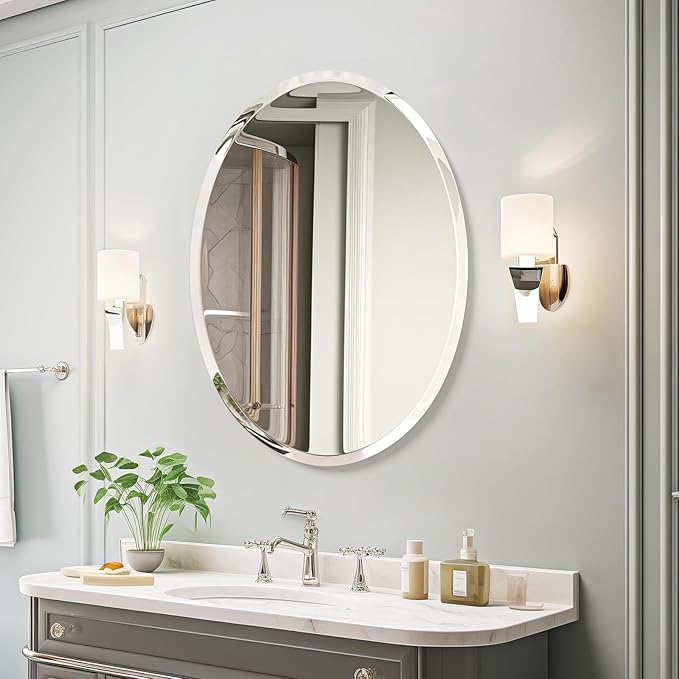 USHOWER Bathroom Mirror for Over Sink, 20x28 Inch Oval Frameless Mirror, Beveled and Polished, Decorative Wall Mirror for Bathroom, Bedroom, Vanity, Entryway, Modern and Elegant