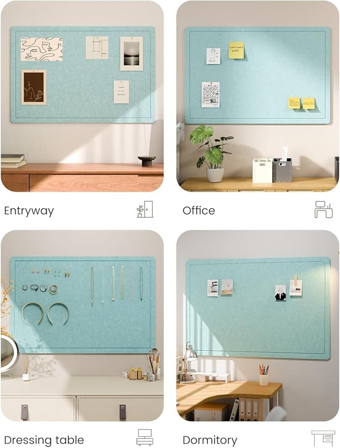 Fluxynara Bulletin Board,35.4" x 23.6" Cork Board Alternative with 12 Safe Removable Adhesive Tabs, Foldable Felt Pin Board for Home Office, Classroom, Bedroom,Entryway for Walls—Aqua Blue