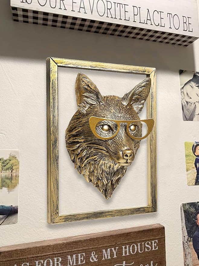Newinhome Animal Heads Wall Decor (Includes Metal Frame) Resin Animals Sculptures Head Wall Hanging Decoration Gold vintage Wall Sculpture for Living Room Bedroom Office(Fox)