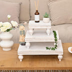 Swallowliving 3 Pcs Set Farmhouse Wood Risers for Display Decorative, Rustic Shabby Chic Tiered Tray for Kitchen Counter, Coffee Bar Table, Dining Room, Wooden Rectangle Beaded Pedestal Stand for Food, White