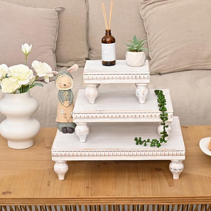 Swallowliving 3 Pcs Set Farmhouse Wood Risers for Display Decorative, Rustic Shabby Chic Tiered Tray for Kitchen Counter, Coffee Bar Table, Dining Room, Wooden Rectangle Beaded Pedestal Stand for Food, White