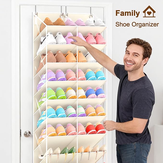 20-30 Pairs Over the Door Shoe Organizer, Clear Pockets Hanging Shoe Storage for Closet, 10-Tier Door Shoes Rack, Handing Shoes Holder Fit All the Family's Sneakers, Boots, Heels, Beige