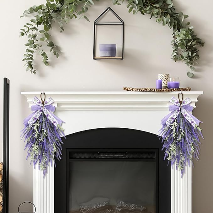 nuvagiki Lavender Teardrop Swag, 2 Pack 24 Inch Front Door Swag Wreaths, Spring Summer Rustic Farmhouse Door Decor, Purple Floral Hanging Swag for Porch