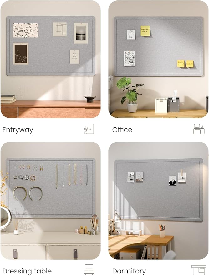 Fluxynara Bulletin Board,35.4" x 23.6" Cork Board Alternative with 12 Safe Removable Adhesive Tabs, Foldable Felt Pin Board for Home Office, Classroom, Bedroom,Entryway for Walls—Soft Gray
