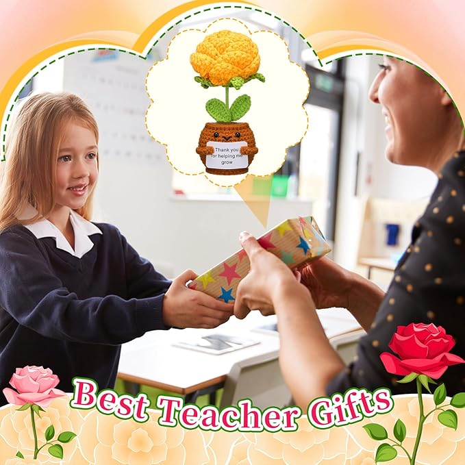 Wavwavw 3 Pack Teacher Appreciation Gift Positive Flower Handmade Crochet Doll Thank You for Helping Me Grow Gifts Back to School Gifts for Women Teacher(Rose Flower)