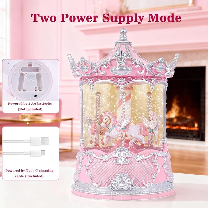 Gifts for Mom Pink Carousel Horse Snow Globe Music Box with Rotating Horses Musical Unicorn Snow Globe with Glitter for Girls, Women, Mom, Birthday Gifts Home Decorations (Pink Silver Carousel)
