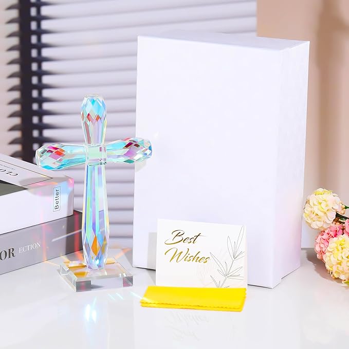 YWHL Colorful Crystal Standing Cross Decor, Handmade Glass Holy Cross Collectible Figurines Decoration, Religious Gifts for Women Men, Christian Easter Cross for Home Office Decor