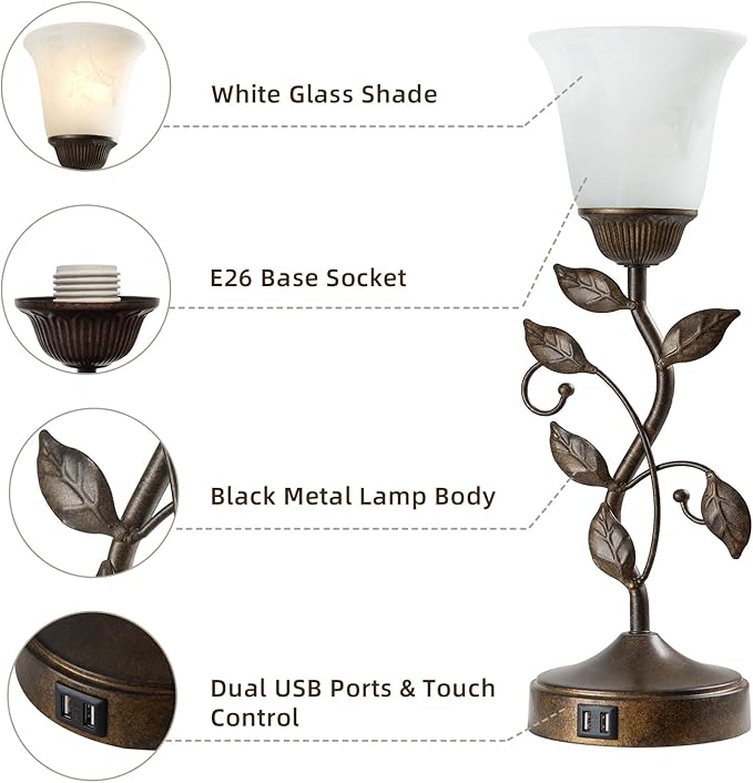 Touch Bedside Table Lamp, Vintage Nightstand Lamp with 2 USB Ports for Living Room, 3 Way Dimmable Leaf Lamp Retro Table Lamp for Bedroom with White Glass Shade, LED Bulb Included