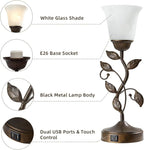Touch Bedside Table Lamp, Vintage Nightstand Lamp with 2 USB Ports for Living Room, 3 Way Dimmable Leaf Lamp Retro Table Lamp for Bedroom with White Glass Shade, LED Bulb Included