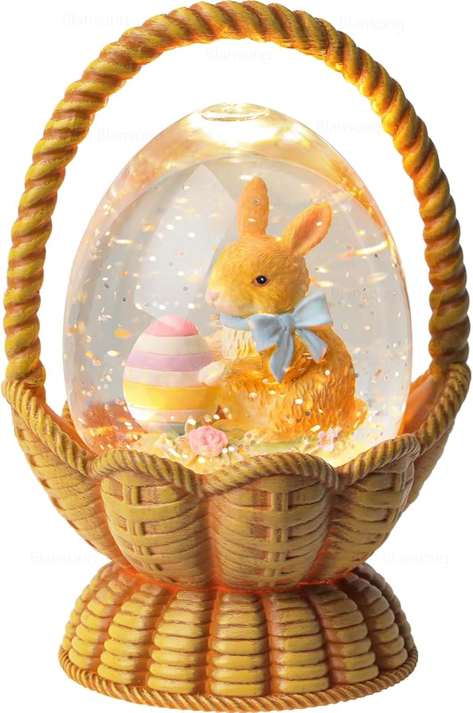 Easter Snow Globe Basket Easter Bunny Eggs Decorations Gifts Auto Snowfall Glitter Music Collection with 6H Timer USB/Battery Powered 6.4 Inch
