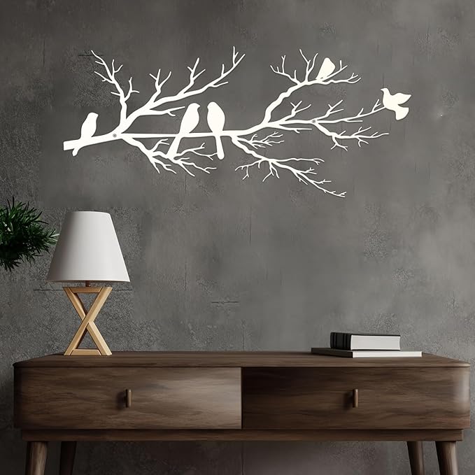 ESTART Metal Birds Wall Art, Metal Vivid Birds on Branch Silhouette Wall Decor White Leaves with Bird Outdoor Hanging Wall Sculpture for Home Living room Bedroom Balcony Garden (White, Large)