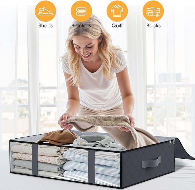 StorageRight Under Bed Storage Bags 10 Pack, 40L Large Clothes & Comforter Storage Containers with Clear Window, Breathable Fabric Organizer for Blankets, Bedding, Seasonal Clothing, Grey