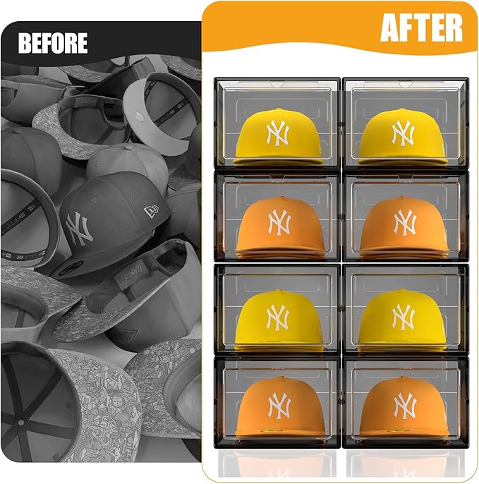 Hat Organizer Box, Stackable Clear Baseball Caps Holder Box Containers with Magnetic Door for Hats Snapback Cap Storag, Hat Rack Display Case, Holds 8 Hats Each (Black, 4 Pack)